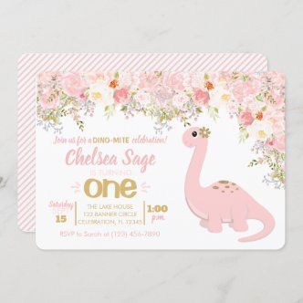 Pink & Gold Dinosaur Safari Birthday Invitation | Zazzle.com Threerex Birthday, Dino Nursery, Girl Dinosaur Birthday, Floral Birthday Invitations, Dinosaur Invitations, 4 Birthday, Dinosaur Birthday Invitations, Pink Dinosaur, Girl Dinosaur