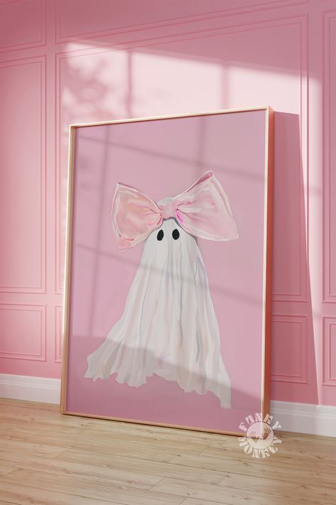 DIGITAL DOWNLOAD: Pink Bow Ghost Wall Art Print, Halloween Decor, Preppy Trendy Printable Art, Coquette Aesthetic, Cute Ghost Painting Girly Print Girls Room NO PHYSICAL PRINT will be shipped to your address You'll receive 2 PDFs: 1 - PDF with a link to the files located in Dropbox 2 - Instructions It's important to read the INSTRUCTIONS PDF to ensure you download the files correctly. Please note...You will need to download and save the files to a computer....not a phone. You will then be able t Pink Halloween House Decor, Blush Halloween Decor, Pink Mantle Decor, Cute Pink Halloween Decor, Pink Halloween Door Decor, Preppy Halloween Decor, Girly Halloween Decorations, Girly Halloween Party, Pink Halloween Decorations