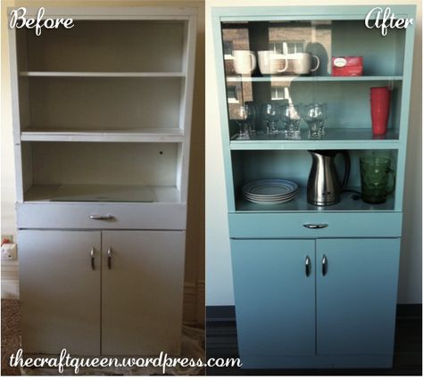 Before and After:  Vintage Metal Cabinet How To Paint Metal Cabinets, Metal Kitchen Cabinets Makeover, Metal Cabinet Makeover, Vintage Metal Kitchen Cabinets, Painting Metal Cabinets, Screen Deck, Armoire Ideas, Farmhouse Cupboard, Vintage Metal Cabinet