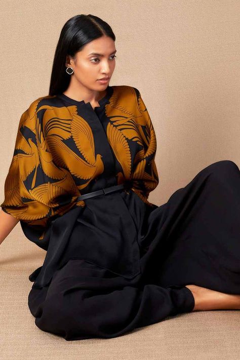 Buy AMPM Black Silk Raynah Kaftan Shirt And Pant Set Online | Aza Fashions Kaftan Shirt, Dhoti Pants, Silk Kaftan, Shirt Pant Set, Am Pm, Bird Print, Band Collar, Fabric Silk, Pant Set