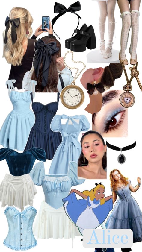 blue dress skirt bows clock alice Alice Halloween Costume, Alice Outfit, Alice In Wonderland Halloween Costume, Alice In Wonderland Halloween, Wonderland Outfit, Alice Halloween, Alice In Wonderland Outfit, Halloween Costume Idea, Halloween Costume Outfits