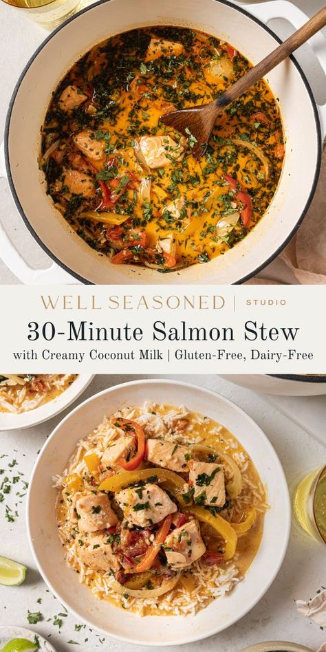 Salmon Stew Recipe, Coconut Salmon, Shrimp Stew, Salmon Rice Bowl, Frozen Salmon, Salmon And Shrimp, Salmon And Rice, Seafood Soup, Soup Dinner