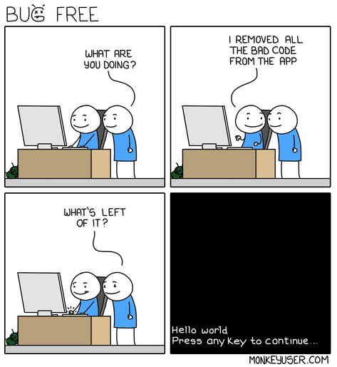 When you remove code until your app is bugfree. Coding Python, Programing Jokes, Coding Humor, Programmer Jokes, Programming Humor, Programmer Humor, Tech Humor, World Press, Software Developer