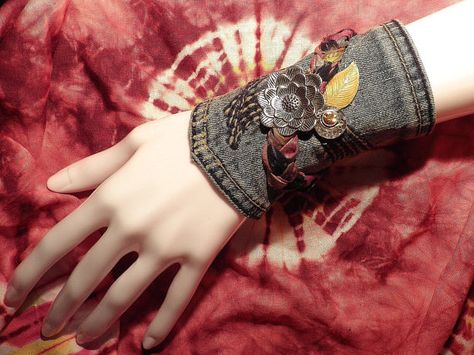 fabric bracelet / cuff / jean pocket wrist band...issue three...by mia baggali Fabric Cuffs Bracelet, Diy Cuff Bracelets, Jean Bracelets, Cuff Bracelets Diy, Fabric Cuff Bracelet, Denim Crafts Diy, Fabric Bracelets, Denim Jewelry, Fabric Earrings