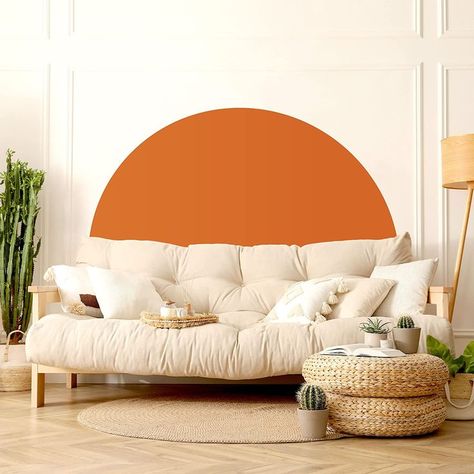 Half Circle Bedroom Wall, Terracotta Living Room Walls, Half Circle Headboard, Circle Headboard, Wall Boho Decor, Colour Blocking Interior, Wallpaper Headboard, Wall Decal Living Room, Boho Decor Living Room