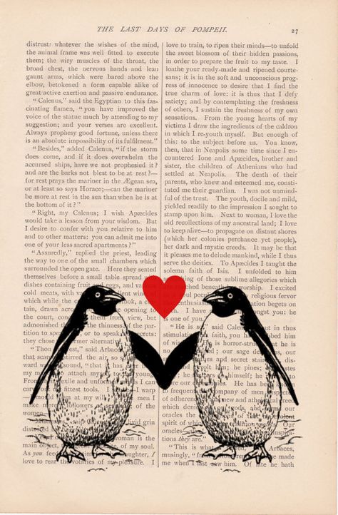 Penguins In Love, Two Penguins, Valentines Day Romantic, Valentine's Decor, Penguin Art, Penguin Love, Book Page Art, Valentines Decor, Dictionary Art Print