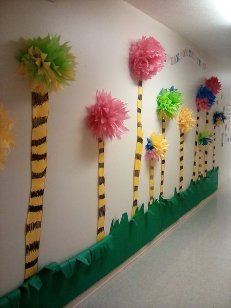 The Lorax Decorations Classroom, Truffle Trees Dr Suess, Lorax Decoration Ideas, The Lorax Crafts, Lorax Decorations, Lorax Crafts, Dr Seuss Classroom Door Decorations, Grinch Bathroom, Doctor Suess Classroom