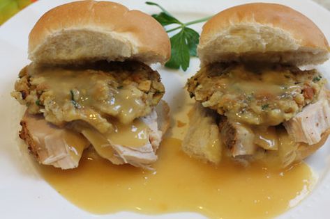 Turkey With Gravy, Turkey And Dressing, Hot Turkey Sandwiches, Leftover Gravy, Turkey And Stuffing, Turkey Sliders, On A Bun, Slider Sandwiches, Green Beans With Bacon