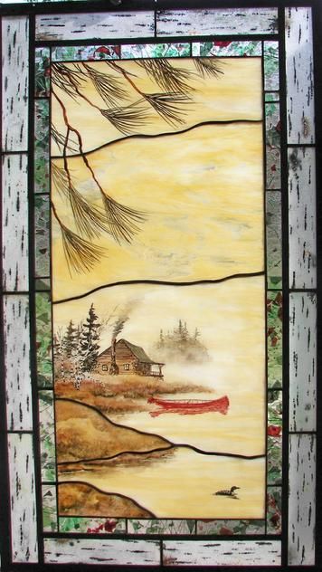 Rustic Lighting, Lodge Decor, Rustic Furnishings,Adirondack Art Stained Glass Lake House Ideas, Forest Stained Glass Patterns, Adirondack Art, Stained Glass Aspen Trees, Adirondack Cabin, Forest Cabins, Ranch Art, Stump Art, Stained Glass Panels Nature