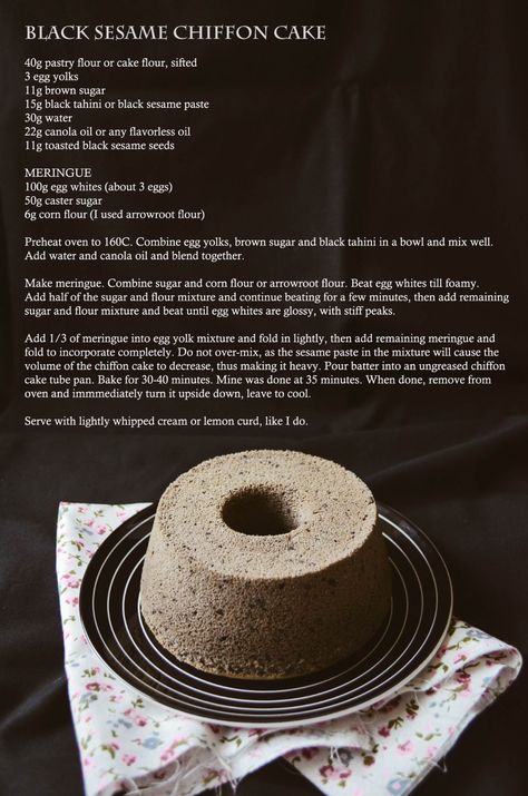 Black Sesame Chiffon Cake | VANILLYN BAKERY Sesame Cake Recipe, Chiffon Recipe, Cake Mango, Ogura Cake, Bolo Chiffon, Foam Cake, Failed Attempt, Mango Mousse, Crumble Cake