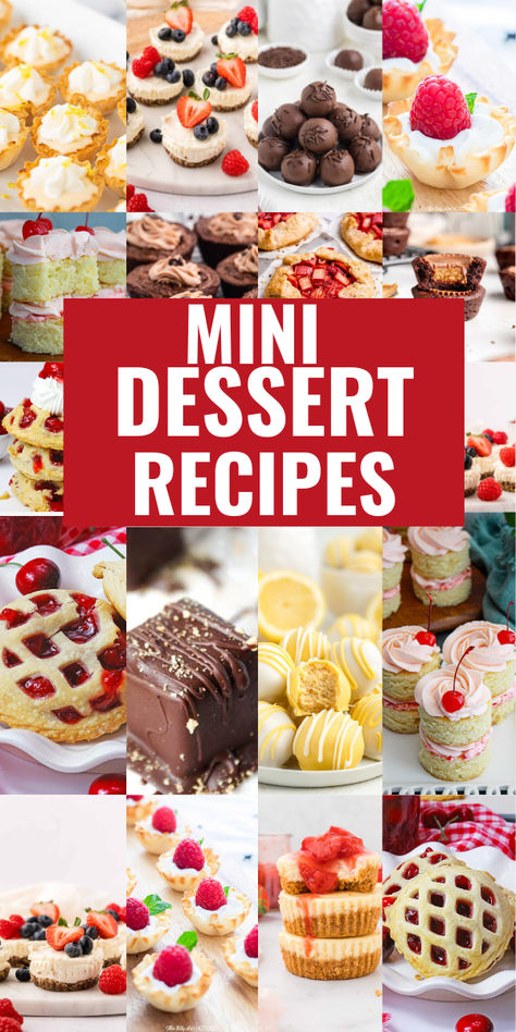 Mini desserts photo collage with text overlay. Sweets For A Party Simple, Individual Dessert Ideas For Party, Hand Desserts Parties, Finger Food Deserts Parties, Easy Desserts Finger Food, Dessert Bento Box Ideas, Party Finger Foods Dessert, Mini Summer Desserts, Easy To Transport Desserts