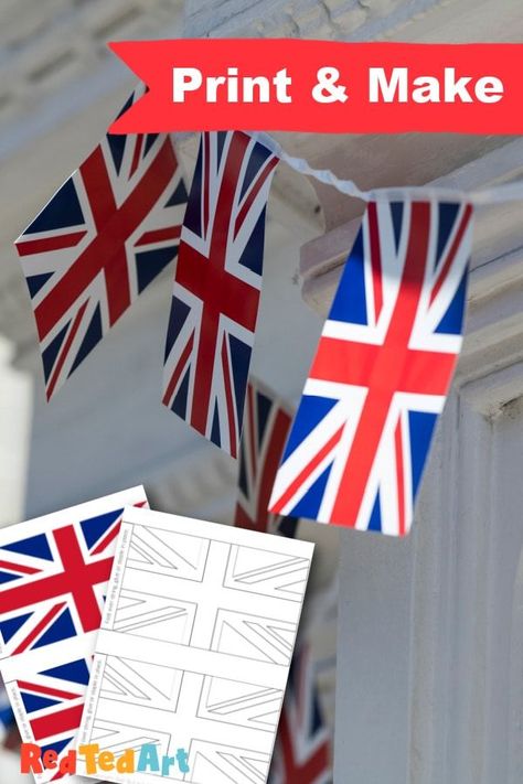 Union Jack Bunting British Themed Rooms, Union Jack Decor, Bunting Printable, Easy Kids Crafts, Coronation Party, Jubilee Party, Bunting Template, Crafts For The Home, Red Ted Art