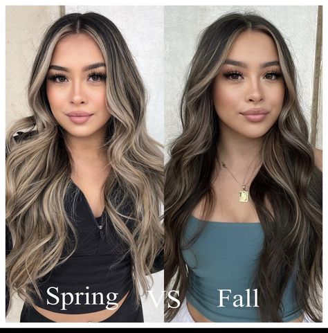 Balayage Hair Dimension, Brunette Hair Summer Highlights, Spring Brown Hair Balayage, Light Brown Hair Dark Highlights, Full Highlight On Black Hair, Neutral Beige Balayage, Blonde Teasy Lights On Dark Hair, Subtle Highlights With Money Piece, Balayage Hair On Tan Skin