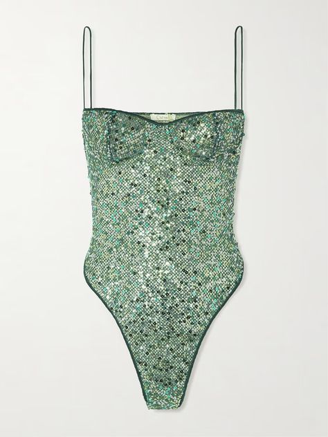 OSÉREE Sequined mesh underwired bodysuit | NET-A-PORTER Runway Bodysuit, Summer Outfit Board, Sequin Set, Estilo Kardashian, Mardi Gras Outfits, Sequin Bodysuit, Mode Ootd, Mermaid Fashion, Sequin Top