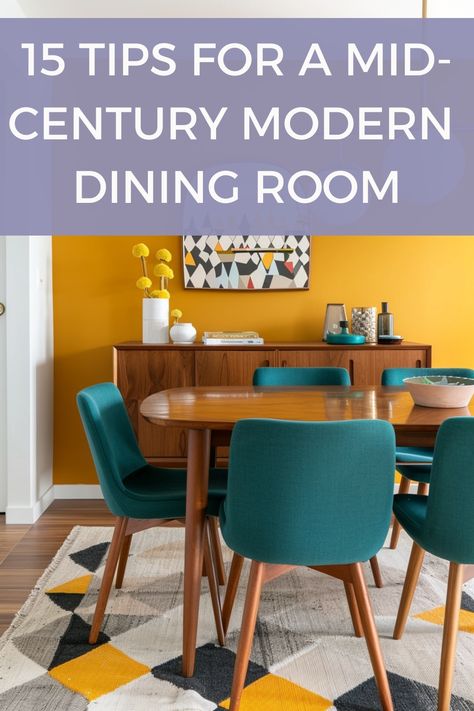 Create a stunning mid-century modern dining room with these tips and ideas. Mid Century Modern Dining Room Lighting, Mid Century Decorating Ideas, Mid Century Modern Entryway, Modern Dining Room Lighting, Yellow Dining Room, Mid Century Modern Dining Room, Simple Table Settings, Dining Room Wallpaper, Minimalist Tables