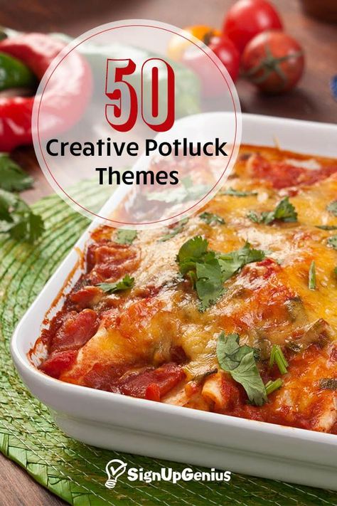 50 creative potluck themes. From comfort foods to a Mexican fiesta, these recipes are crowd pleasers! Pot Luck Crock Pot Dishes, February Potluck Theme, Potluck Dinner Themes, Theme Potluck Ideas, Christmas Potluck Themes, Themed Food Parties, Fun Potluck Themes, Food Themes For Parties, Potluck Themes