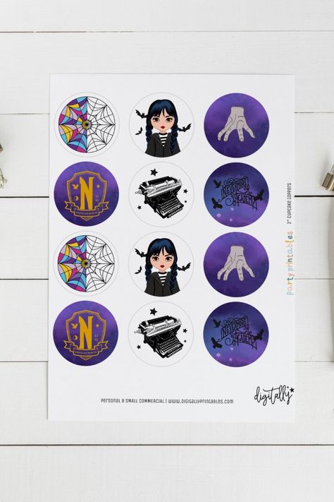 Digital Files | Instant Download | Wednesday Addams Inspired Cupcake Toppers, Printable Wednesday Birthday Party Decoration, Cupcake Tags, Family Addams Party Decor, Wandinha Wednesday Birthday Party, Wednesday Addams Inspired, Wednesday Birthday, Bottle Labels Printable, Cupcake Toppers Printable, Party Stationery, Cute Ideas, Party Bundles, Happy Birthday Parties