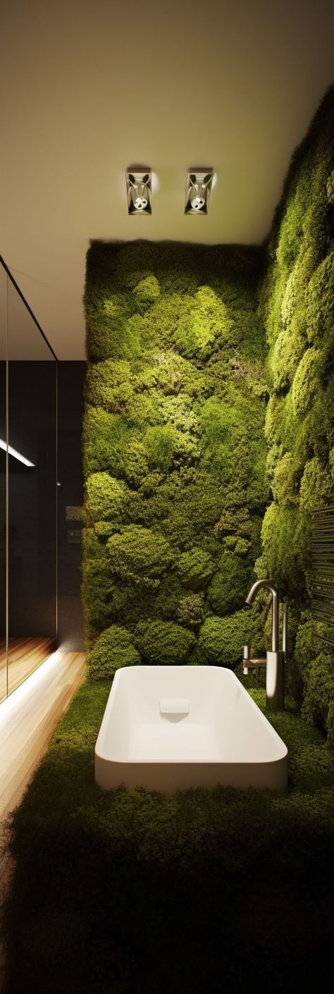 A serene and natural bathroom design, featuring a stunning and lush moss wall feature that infuses the space with organic texture and calming greenery, paired with a relaxing and inviting bathtub perfect for creating a peaceful and inviting ambiance. Moss Shower Floor, Calm And Peaceful Interior Design, Moss Wall In Bathroom, Moss Themed Bedroom, Bathroom Moss Wall, Greenery Wall Bathroom, Living Wall Bathroom, Moss Wall Bathroom, Bathroom Nature Theme