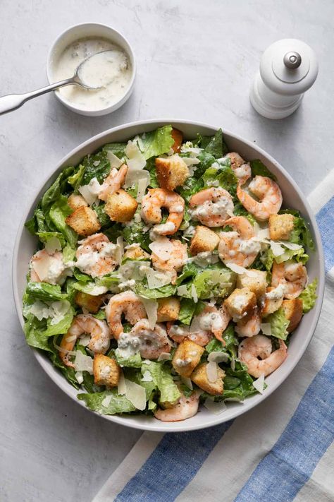 Shrimp Caesar Salad with Yogurt Dressing - FeelGoodFoodie Ceasar Salad Photography Food Styling, Caesar Shrimp Salad, Caesar Salad With Shrimp, Cezar Salad, Greek Shrimp Salad, Yogurt Caesar Dressing, Shrimp Caesar Salad, Salad With Yogurt Dressing, Greek Shrimp