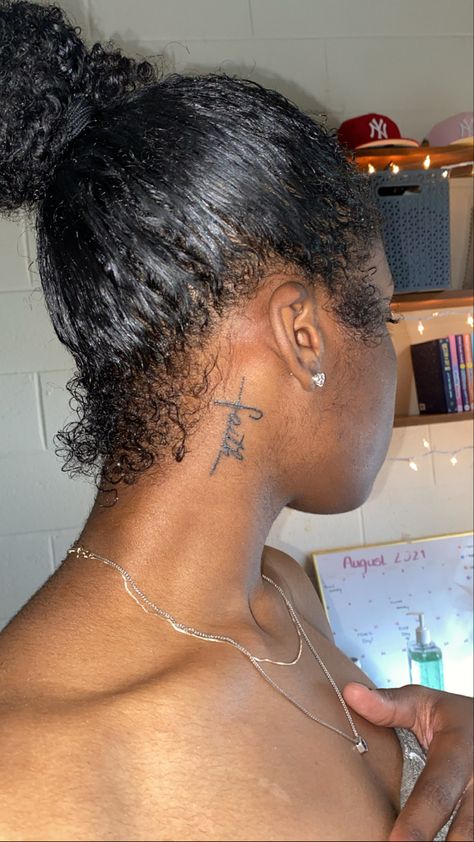 Cross Behind Ear Tattoo Black Women, Faith Behind Ear Tattoo, Behind Ear Tattoo Black Women, Hebrews 11 1 Tattoo Ideas, Tattoos Behind Ear For Women, Flower Behind Ear Tattoo, Small Behind The Ear Tattoo Ideas, Tattoo Ideas Behind Ear, Behind The Ear Tats