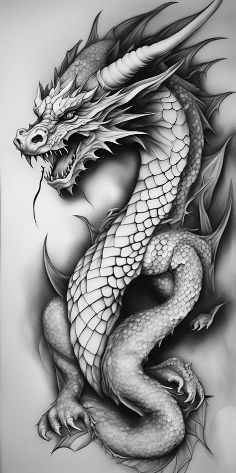 This image depicts a stunning realism style dragon tattoo design in black and white. The intricate details of the dragon's scales and fire-breathing mouth are intricately outlined over a blank canvas. Angry Dragon Drawing, Dragon Body Tattoo, Dragon Breathing Fire Tattoo, Gothic Dragon Tattoo, Realistic Dragon Tattoo, Dragon Tattoo Realistic, Jormungandr Tattoo, Dragon Tattoo Outline, Dragon Pics