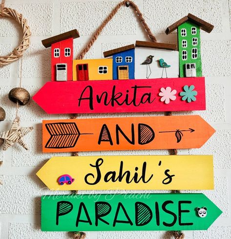 Prachi - Home decor & Gifting on Instagram: “A very beautifully designed name plate to bring in a lot of amazing vibes ✨ . . Kindly dm for details ♥️ . . Turn around time 70-90 days…” Clay Name Plates For Home, Name Plates For Home Diy, Nameplate Ideas, Name Plate Ideas, Paper Wall Art Diy, Wedding Card Maker, Nameplate Design, Mickey Craft, House Bathroom Designs