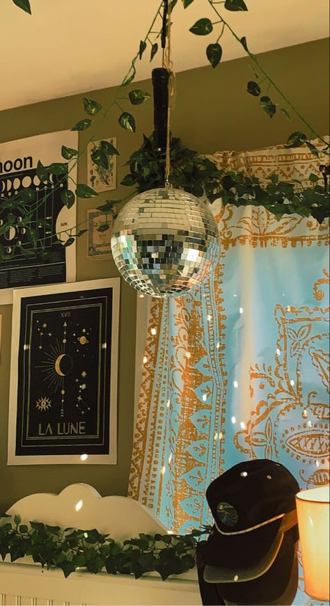 How To Style A Disco Ball, Disco Ball For Bedroom, Disco Ball In Room Aesthetic, Mirror Ball In Bedroom, Room Decor Disco Ball, Disco Ball In House, Disco Ball Nursery, Disco Ball Bedroom Aesthetic, Disco Ball Light Fixture