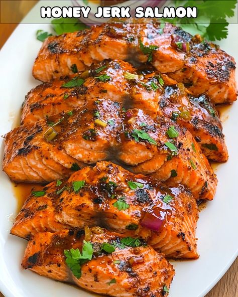 Sweet and Spicy Honey Jerk Salmon Honey Jerk Salmon, Sweet Spicy Salmon, Oven Baked Eggplant, Jamaican Seasoning, Jerk Salmon, Sweet Baby Ray, Sour Cream Sauce, Seafood Seasoning, Salmon Seasoning