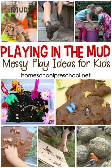 Playing in the mud is the perfect activity after a rainy day! No rain? No problem. Turn on the hose, and let kids get down and dirty with these mud play activities. #homeschoolprek Mud Play Ideas, Mud Play, Play Ideas For Kids, Nature School, Spring Preschool, Outdoor Activities For Kids, Messy Play, Outdoor Learning, Nature Play