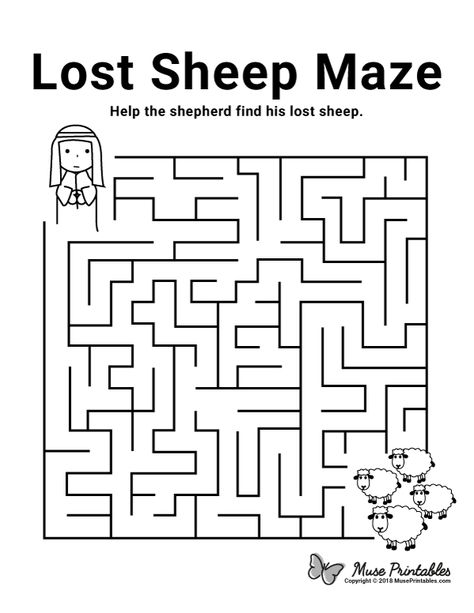 Free printable lost sheep maze. Download it from https://museprintables.com/download/maze/lost-sheep/ Mazes For Kindergarten Free Printables, Lost Sheep Coloring Page Free Printable, Preschool Bible Worksheets, Free Printable Bible Activity Sheets, Parable Of The Lost Sheep Activities, The Lost Sheep Craft Sunday School, Lost Sheep Activity, Lost Sheep Crafts For Kids, Maze Worksheets For Kids