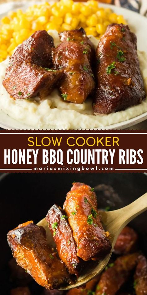 A main dish for dinner featuring country-style ribs! Fall-off-the-bone tender with a sweet and tangy sauce, these Slow Cooker Honey BBQ Country Ribs are so delicious. Put this crockpot recipe on your rotation of busy weeknight dinners! Country Style Pork Ribs Crock Pot, Tender Pork Ribs, Sweet And Tangy Bbq Sauce, Crockpot Pork Ribs, Crockpot Bbq Ribs, Slow Cooker Ribs Recipe, Peach Bbq, Country Ribs, Pork Crockpot Recipes