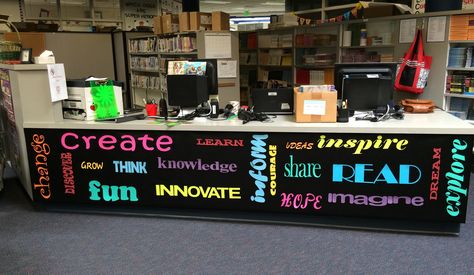 With the help of my Cameo, I completely changed the look of my circulation desk! School Library Circulation Desk, Circulation Desk Makeover, Circulation Desk, Library Circulation Desk Ideas, Teen Library Displays, Library Lessons Elementary, Teen Library, Elementary School Library, Desk Makeover