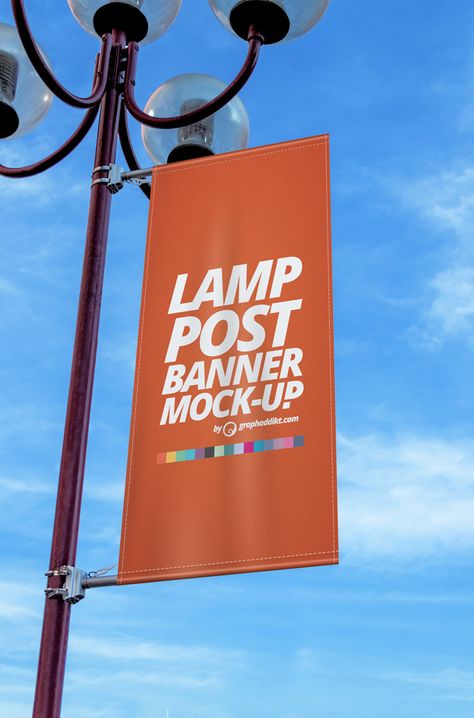 FREE lamp post banner PSD mockup #free #signage #environment #flag Stand Banner Design Ideas, Lamp Post Banner, Hospital Interiors, Standing Banner Design, Catalogue Design Templates, Pole Banners, Furniture Graphic, Banner Mockup, Street Banners