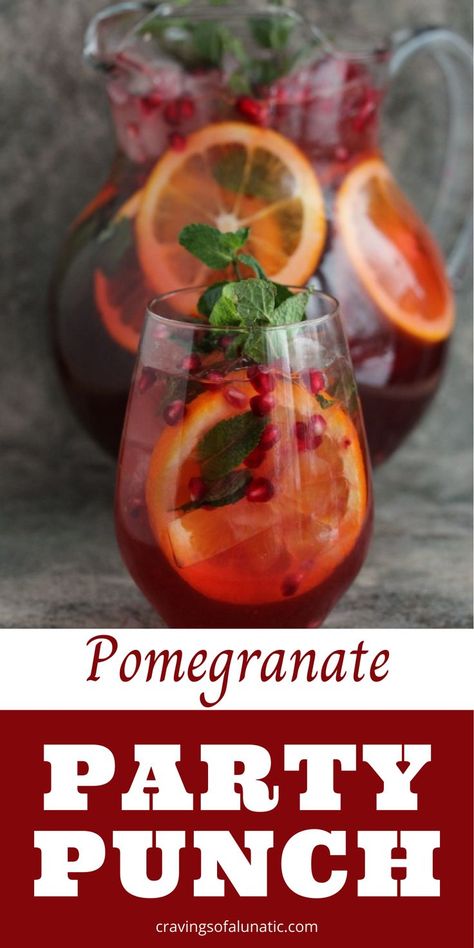 A stemless wine glass full of pomegranate party punch is in front of a clear glass pitcher of punch. Pomegranate Punch Alcohol, Thanksgiving Pomegranate, Pomegranate Punch, Party Punch Recipe, Punch Drink, Christmas Baking Easy, Thanksgiving Punch, Spring Recipes Dessert, Party Punch Recipes