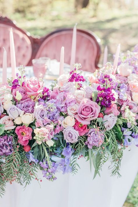 Pink And Lilac Flower Arrangements, Magenta And Lilac Wedding, Unique Wedding Flower Ideas, Pink And Purple Bridesmaid Dresses, Lavender And Pink Wedding, Wedding Table Pink, Purple Flower Arrangements, Pink Purple Wedding, Rapunzel Wedding