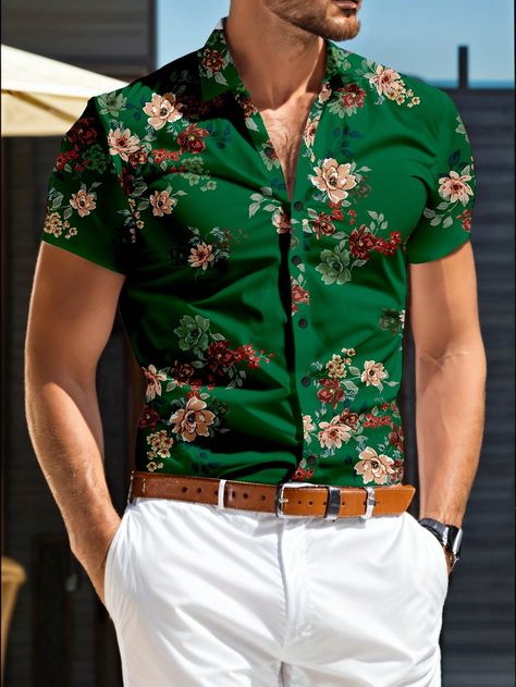 Men Short Sleeve Floral Print Button-Down Casual Shirt Dark Green Boho  Short Sleeve Polyester Floral,Plants,All Over Print Shirt Non-Stretch Summer Men Clothing, size features are:Bust: ,Length: ,Sleeve Length: Floral Shirt Men Outfit, Pattern Shirt Outfit, Dressy Casual Wedding, Dark Green Boho, Flower Pattern Shirt, Mens Dress Outfits, Shirt Outfit Men, Men Shirts, Floral Outfit