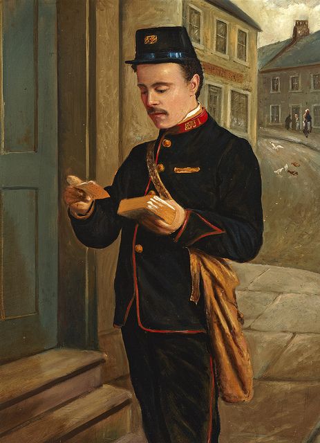 ''Portrait of a Postman (Alex Buchanan)''1900-1912 by Thomas Patterson Blue Uniform, The Postman, Happy September, Going Postal, Gold Cap, Short Essay, Postal Worker, You've Got Mail, Working People