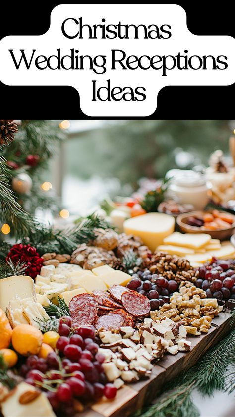 Festive Christmas wedding charcuterie board with spiced nuts, cheeses, and seasonal fruits, adding elegance and warmth to a holiday reception. Christmas Reception Food, Charcuterie Wedding Display, Christmas Wedding Reception Ideas, Christmas Wedding Reception, Elegant Christmas Wedding, Wedding Charcuterie, Receptions Ideas, Christmas Catering, Cozy Winter Decor