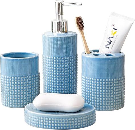 Amazon.com: Kendiis Bathroom Accessories Set - 4 Piece Blue Ceramic Bathroom Accessory Sets with Lotion or Liquid Soap Dispenser, Toothbrush Holder, Tumbler and Soap Dish - Modern Decorative with Round Dots : Home & Kitchen Light Blue Bathroom, Blue Bathroom Accessories, Blue Bathroom Decor, Bathroom Accessories Set, Liquid Soap Dispenser, Ceramic Bathroom, Grey Ceramics, Bathroom Accessory Sets, Bathroom Accessory Set