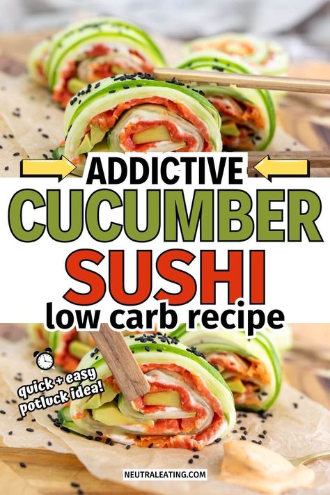 Looking for sushi recipes for beginners? We have the best homemade cucumber sushi roll that everyone will love! This healthy cucumber snack is so easy to make. Give our cucumber rolls appetizers a try! Easy Recipes Low Carb, Sushi Recipes For Beginners, Keto Cucumber, Cucumber Snack, Cucumber Sushi Rolls, Low Carb Sushi, Healthy Potluck, Copycat Food, Best Easy Recipes