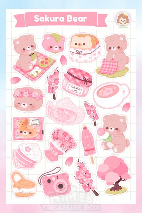 Cute Sakura Bear sticker sheet for planner, journaling, scrapbooking, and other decoration needs that will not be in contact with water or sunlight. -- Printed on matte vinyl sticker paper (not waterproof). -- Actual product may show color variance depending on personal screen settings. Thank you for checking Hime's Treasure Box! Feel free to message me for any questions or concerns. Stay cute! Cute Stickers To Print, Sticker Sheet Ideas, Cute Sticker Sheets, Cute Sakura, Paper Kawaii, Paper Doll Printable Templates, Planner Journaling, 귀여운 음식 그림, Paper Dolls Clothing