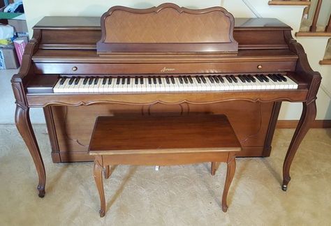 Baldwin Acrosonic cherry cabinet spinet piano w/ lift top piano bench & music, very good cond Wood Upright Piano, White Upright Piano, Unique Piano Design, Spinet Piano, Antique Upright Piano, Red Grand Piano, Black Fireplace, Hardwood Floors Dark, Piano Bench