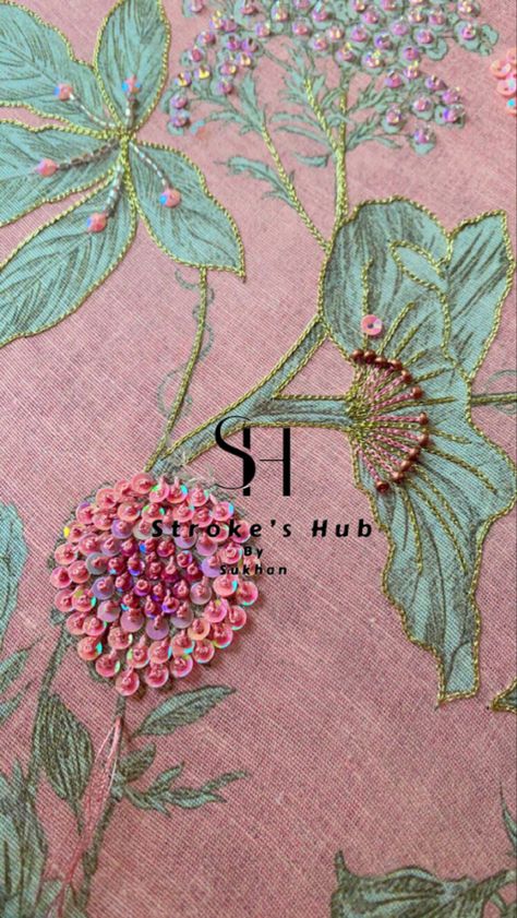 Embroidery Highlights On Prints, Handwork On Printed Fabric, Floral Sequin Embroidery, Print Highlight Embroidery, Highlight Embroidery Work, Sequins Embroidery Pattern Design, Creative Embroidery Ideas, Embroidery With Sequins, Knot Embroidery