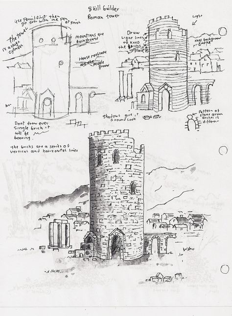 Adron's Art Lesson Plans: How to Draw the Old Roman Tower Roman Drawings, Ink Drawing Techniques, Teacher Art, Sketching Tips, Building Sketch, Dungeons And Dragons Classes, Pen Art Drawings, Drawing Exercises, Perspective Art