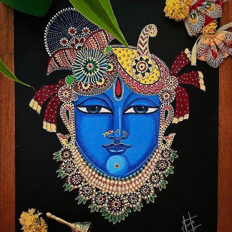 Srikrishna Painting, Shrinathji Canvas Painting, Lord Krishna Art Paintings, Shree Krishna Paintings Easy, Bal Krishna Painting Canvases, Painting Ideas On Canvas Krishna, Madhubani Krishna Paintings, Dwarkadhish Rangoli, Shrinathji Paintings On Canvas