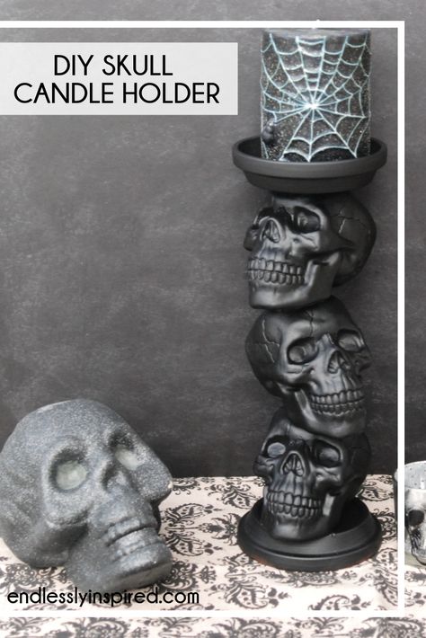 This DIY Skull Candle Holder can be made with just a few inexpensive supplies from the craft store. #endlesslyinspired #halloween #diyhalloween #diyhalloweendecor Diy Skull Candle Holder, Halloween Candles Diy, Goth Diy, Dollar Store Halloween Decorations, Diy Skulls, Office Halloween, Skull Candle Holder, Halloween Office, Skull Crafts