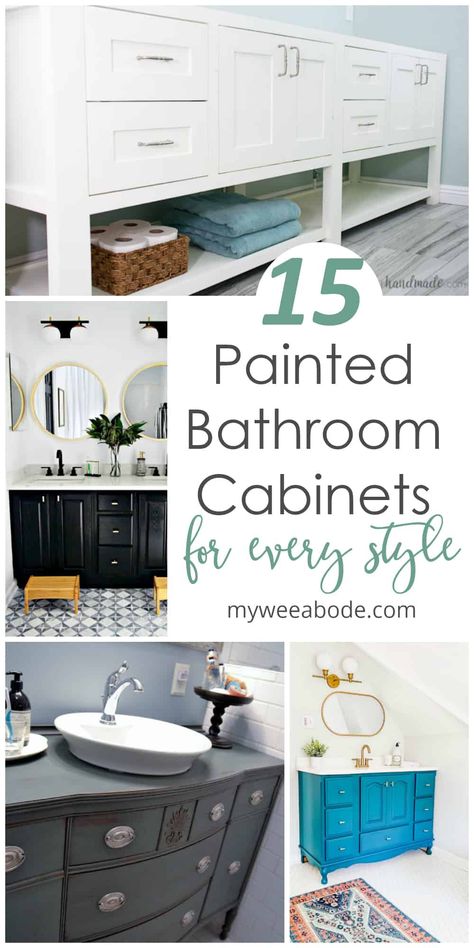 Find inspiration for you bathroom update with these 15 cabinet makeovers.  Paint your bathroom cabinets or vanity the easy way with these 15 tutorials! #myweeabode #bathroomcabinets #diybathroomupdate #diyhomeimprovement Old Bathroom Vanity Makeover Paint, Yellow Bathroom Vanity Cabinet Colors, Sherwin Williams Painted Bathroom Vanity, Fun Bathroom Vanity Colors, Painting Old Vanity Bathroom, Painted Double Vanity, Bathroom Vanity Ideas Painted, Master Bath Painted Vanity, Colored Bathroom Vanity Ideas