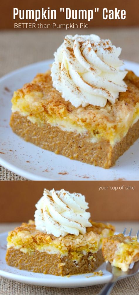 Pumpkin Cream Cheese Dump Cake (and how I got dumped) - Your Cup of Cake Cream Cheese Dump Cake, Got Dumped, Pumpkin Dump Cake Recipe, Pumpkin Dump, Pumpkin Pie Cake, Dump Cake Pumpkin, Pumpkin Cream Cheese, Pumpkin Cream Cheeses, Pumpkin Recipes Dessert