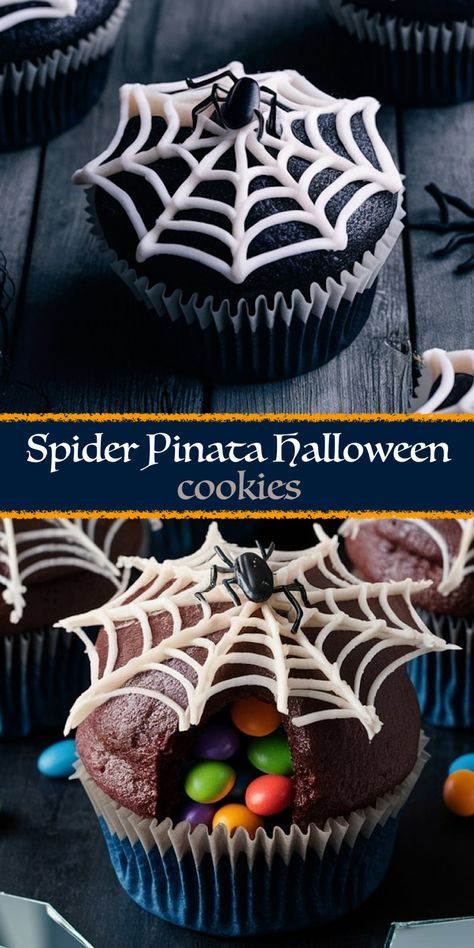 Spider Piñata Halloween Cupcakes: A Spooky Surprise Inside Piñata Halloween, Pinata Cupcakes, Halloween Pinata, White Food Coloring, Cherry Dump Cake, Peach Dump Cake, Dump Cake Pumpkin, Black Fondant, Spider Decorations