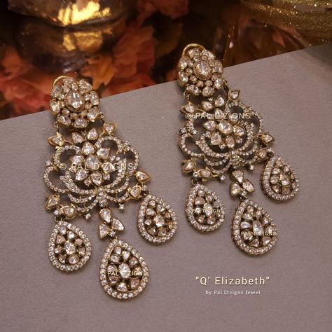 Victorian Finish Jewellery Indian, Big Polki Earrings, Moissanite Necklace Indian, Polki Earrings Designer, Vilandi Earrings, Victorian Earrings Indian, Victorian Gold Jewelry, Neackles Aesthetic, Victorian Polki Jewellery